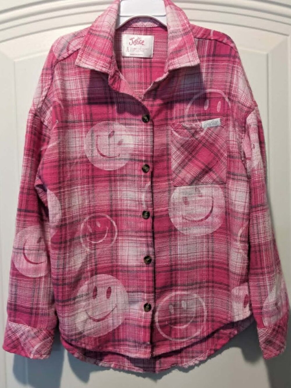 Girl's Justice Pink Plaid Flannel Button-Up Shirt - size S (7/8) VGUC